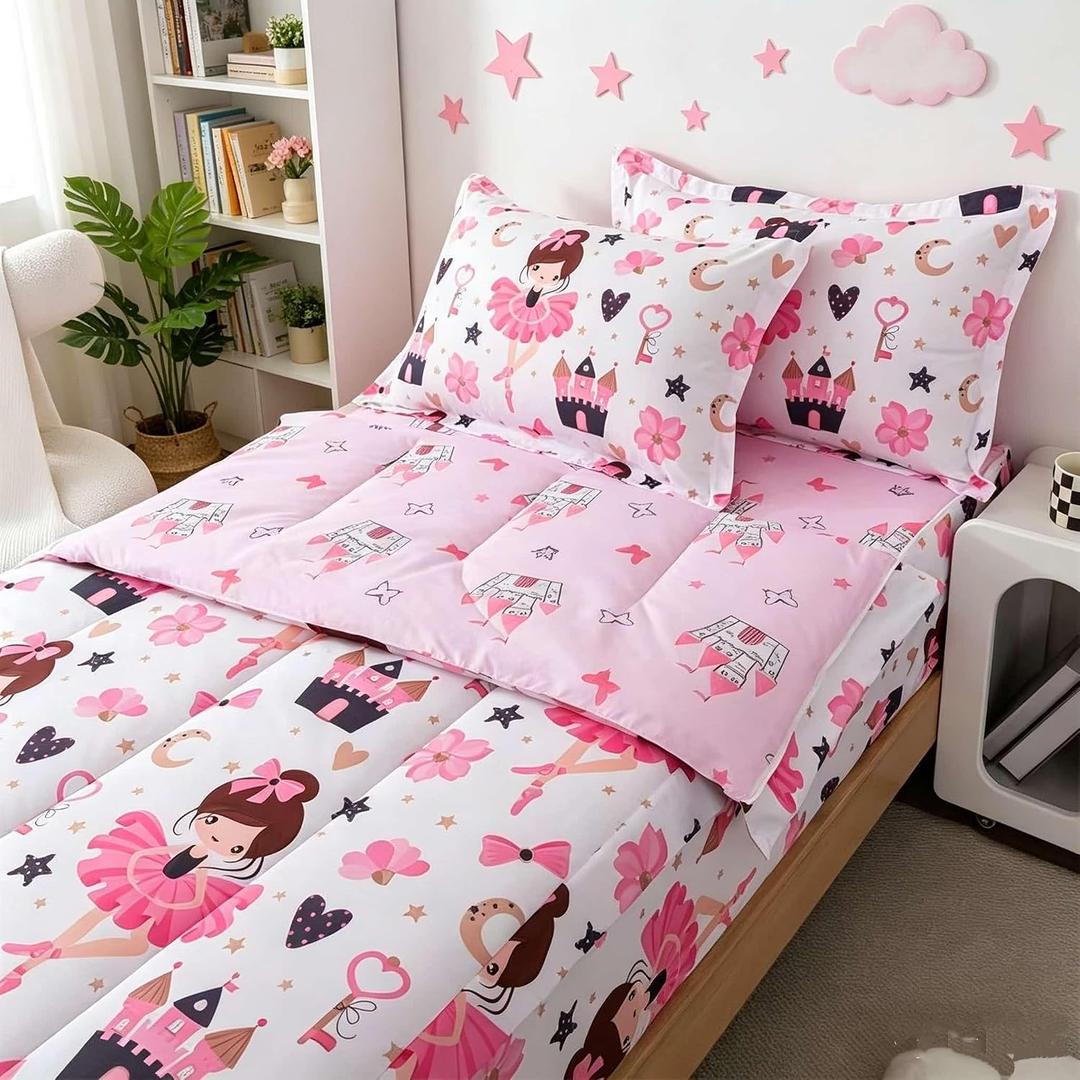 lishjekee Kids Zipper Bedding Twin 4 Pieces Pink Ballet Girls Comforter Cute Flower Bedding Set Zip Up Bed in A Bag Kawaii Stars Castle Bed Sets with Fitted Sheet Pillowcases Home Decor