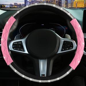 Steering Wheel Coverwith Diamond Crystal Rhinestone,Delicate and Anti-Slip Bling Steering Wheel Cover Adaptable to 14.5-15 inches Car Wheel Protector for Women Girl Black & Pink