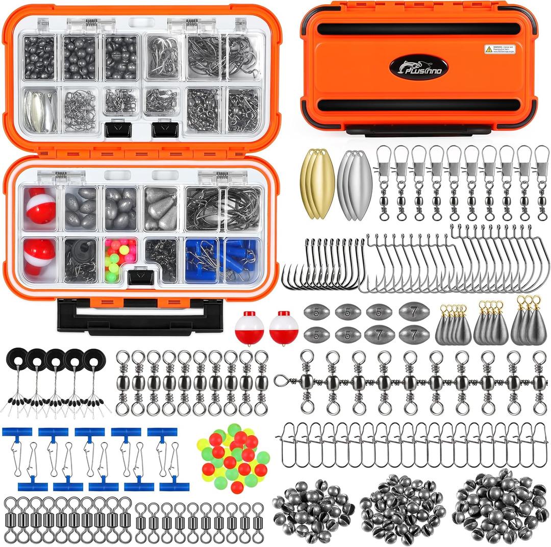 PLUSINNO 253/387pcs Fishing Gear Accessories Kit, Fishing Tackle Box with Tackle Included, Fishing Hooks, Fishing Weights Sinkers, Spinner Blade, Fishing Equipment for Bass Trout Bluegill Crappie