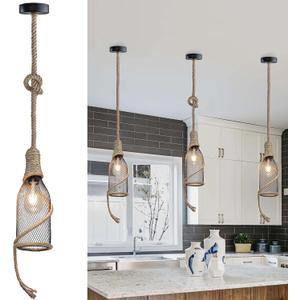 3 Pack Retro Industrial Metal and Hemp Rope Light, Bottle Pendant Light Hanging for Farmhouse Kitchen Island Foyer Hallway Decor