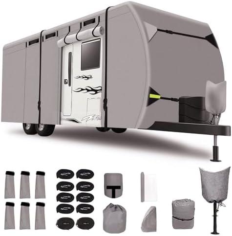 Bsteciar Upgraded 300D Oxford Travel Trailer RV Cover 20'-22' Motorhome Rip-Resistant Camper Cover,Waterproof Anti-UV Windproof RV Trailer Covers with Tongue Jack Cover,Adhesive Repair Patch etc