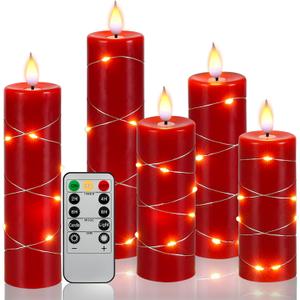 Red Flameless Candle with Remote Control LED Candle with String Lights Battery Powered Flameless Candle4'' 5'' 6'' 7'' 8'' Candles of 5 Pcs