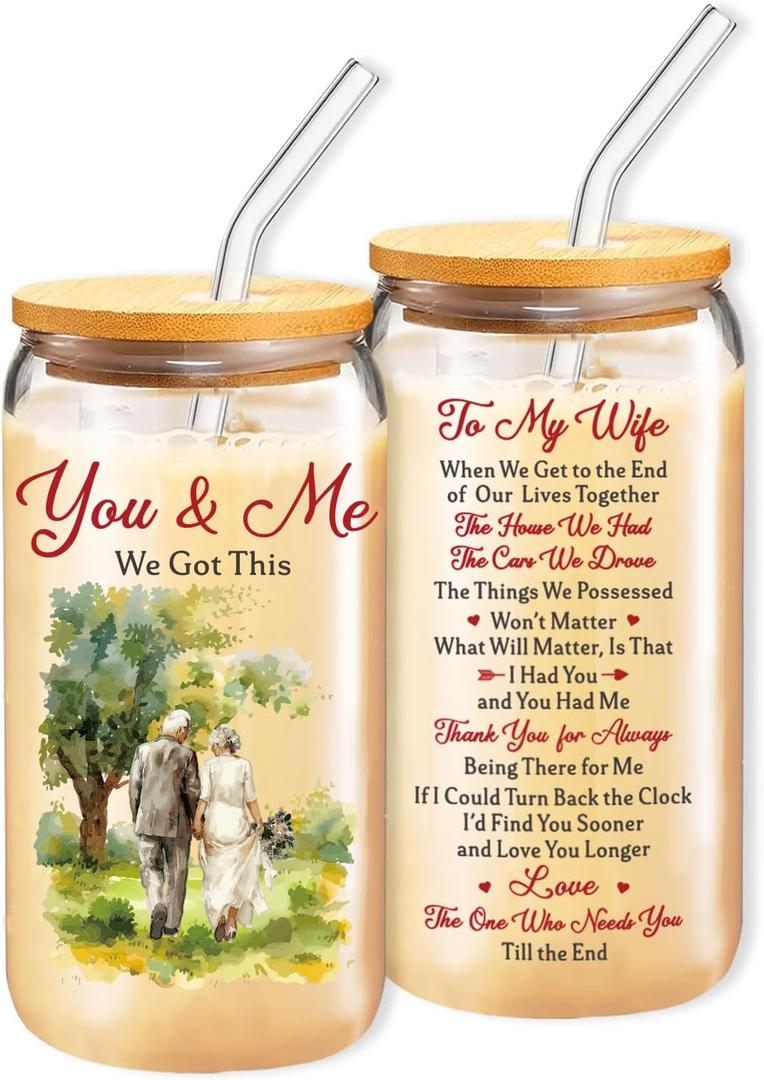 2 x Birthday Gifts for Wife, Glass Cups for Wife from Husband, 16 oz Glass Drinking Cup with Lids and Straws, Anniversary Retirement Sentimental Valentines Day Gift for Wifey (We Got This)