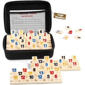 Rummy Cube Game with Case and 4 Wooden Racks/Trays, 106 Rummy Tiles Game Sets Classic Travel Board Game Sets with 4 Tiles Holders for Family