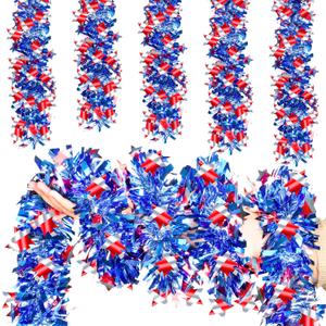 50FT 4th of July Patriotic Tinsel Garland, Glitter Tinsel Garlands with Mixed Color Star, Metallic Holiday Hanging Streamers for Memorial Day Independence Day Indoor Outdoor Party Dcor (Blue)