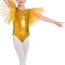ODASDO Gymnastics Leotard for Girl Tulle Sleeve One Piece Bodysuit Glitter Shiny Metallic Ballet Dance Top Halloween Costume (Gold)