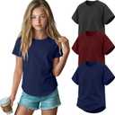 3 Pack Girls' Short Sleeve T-Shirts Loose Fit Crew Neck Tops Raglan Curve Hem Shirts Casual Kids Basic Tees 5-14Y