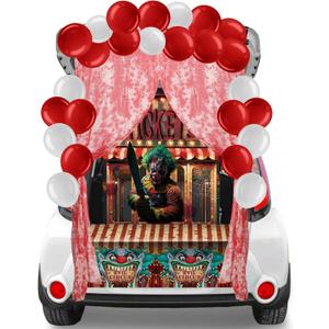 Blosssound 37 Pcs Trunk or Treat Evil Carnival Halloween Car Decorations Kit Scary Clown Cutouts Backdrop Balloons Garland Ticket Booth Banner for Car Archway Garage Door Decor