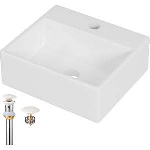 Wall Mount Bathroom Vessel Sink, 13 Rectangle Floating Ceramic Basin for Small Bathroom with Faucet/Pop-up Darin/P-trap, No Overflow, Modern White