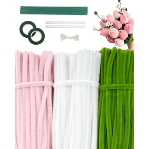 300 Pcs Thick Pipe Cleaners Craft Supplies, 3 Assorted Colors Bulk Pipe Cleaners with Floral Wires, Gardening Tape, Stamen,Tulip Chenille Stems DIY Flower Making Kit for Craft Lovers Art Projects
