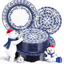 Hioasis 60pcs Blue Plastic Plates Set - Floral Blue & White Porcelain Design, 10.25" Dinner & 7.5" Dessert Plates Disposable for Christmas (Dishwasher Safe, Traditional Style)