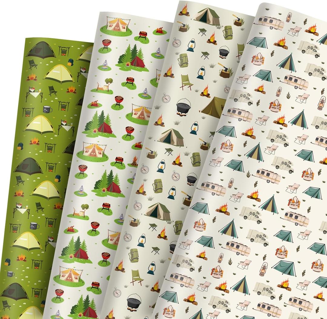 Pineraap Camping Wrapping Paper 12 Sheets Camping Theme Gift Wrap with RV, Tent, Campfire Designs Travel Wrapping Paper for Camping Party Decor, DIY Crafts, Holiday Wrapping Supplies, 20"28"