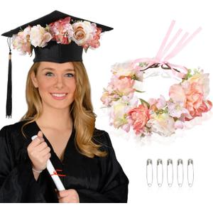 Zeyune Pink Flower Crown Graduation Hat Decoration Adjustable Flower Headbands with Ribbon Artificial Ladies Garland Floral Headpiece for Women Graduation Birthday Wedding Party Photography Props