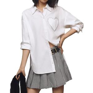 Womens Heart-Shaped Embellished Pocket Button Down Shirt Long Sleeve Top White Casual Blouse