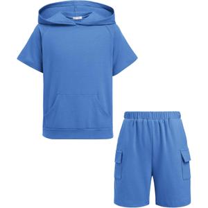 Arshiner Boys 2 Piece Summer Outfits Letter Graphic Colorblock Short Sleeve Hoodie and Short Sets with Pockets  (10-11 Years, Blue)