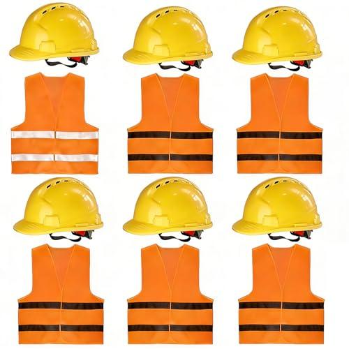 4 Pt. Suspension Hard Hat with Safety Vests Bulk Safety Helmets Adjustable Ratchet Hard Hats, Vents & Sweat Cotton Brow Pad - ABS Construction Helmets for Work Sites & Outdoor Labor (Yellow, 6 Set)