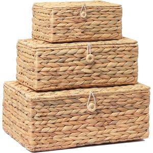Set of 3 Wicker Storage Baskets with Lid, Large Rectangular Rattan Basket Decorative Boxes, Natural Water Hyacinth Wicker Basket for Shelf Organizer, Nursery Room