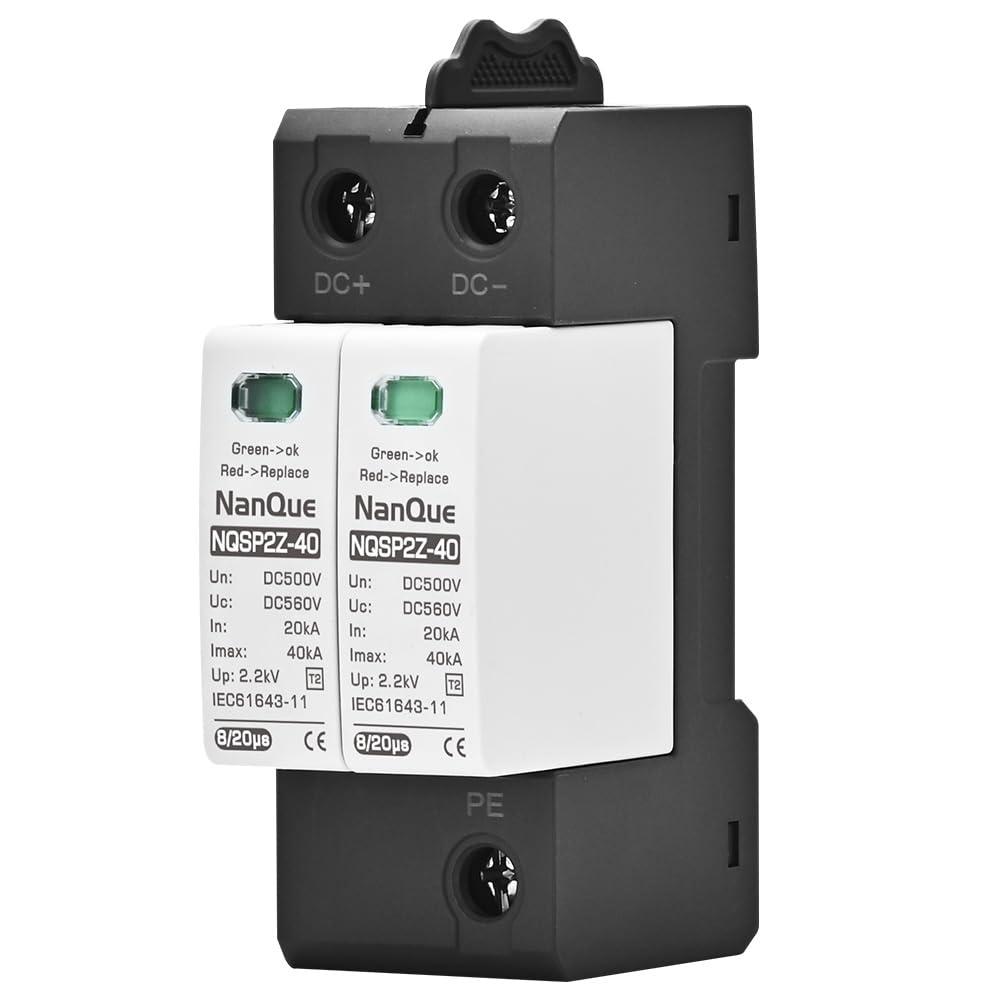 DC SPD Surge Protector for 100V-1000V PV Systems, 2-Pole 40kA T2 Level, Replaceable Module, Solar Panel Lightning Protection, Overvoltage Protection (100V)