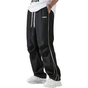 GORGLITTER Men's Lightweight Baggy Sweatpants Contrast Trim Letter Graphic Open Bottom Athletic Pants with Pockets (X-Large, Black)