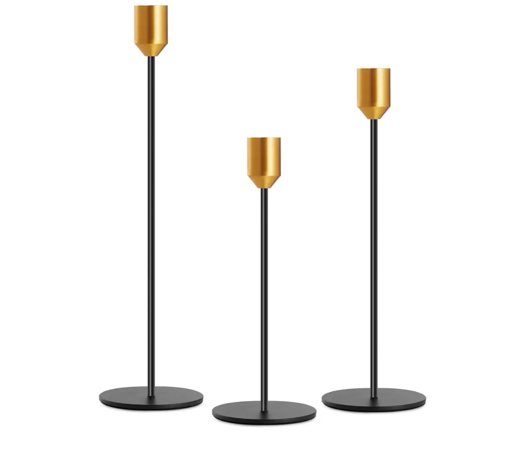 3PCS Taper Candle Holders Set, Gold & Black Vintage Candlesticks for 3/4 and 7/8 Inch Candles with Wedding Dining Table Centerpiece Decor and Fireplace Mantel Housewarming Gift (9567-1B)