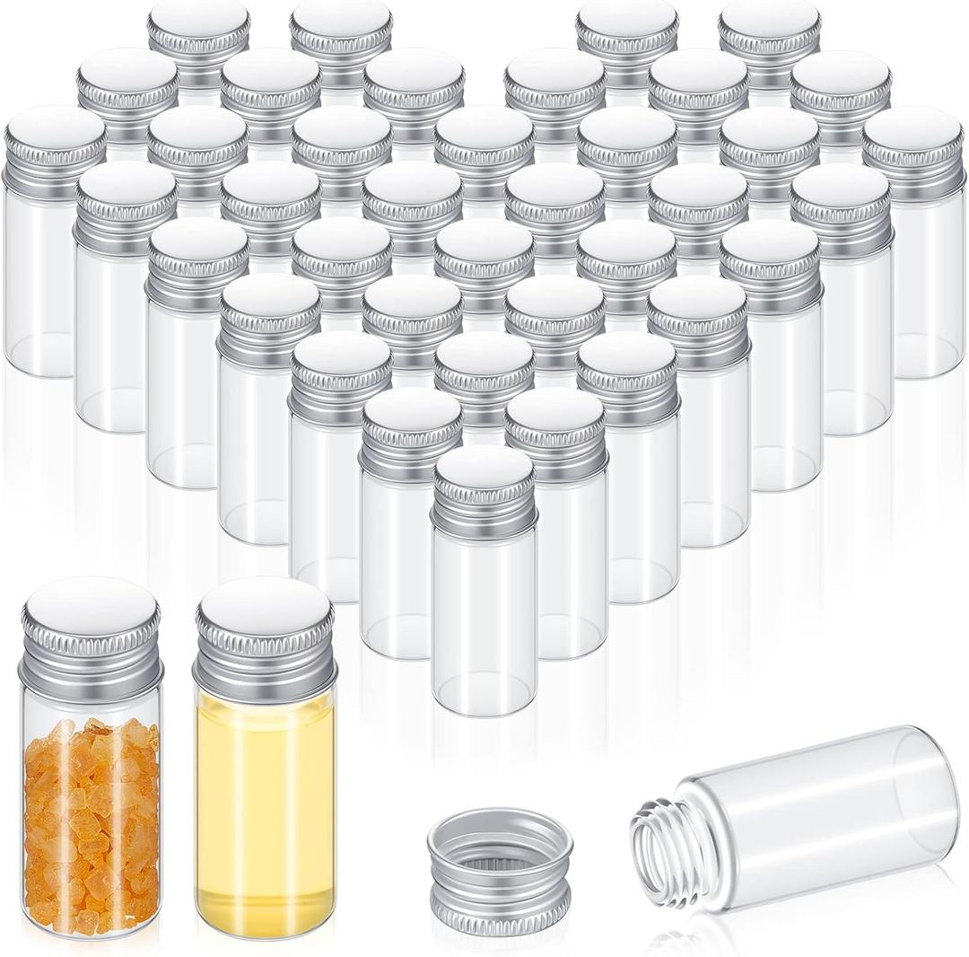 100 Pcs Small Clear Vials Spice Mini Jars with Lids Mini Glass Bottles with Screw Aluminum Metal Caps Tiny Jars Sample Containers for Powder Cream Cosmetic Jewelry Wedding(10 ml,Silver Caps)