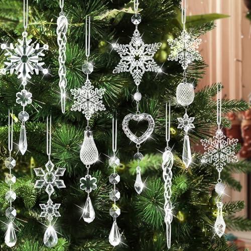 Crystal Ornaments Christmas Tree Decorations - 21pcs Christmas Tree Ornaments Sparkling Dazzling Festival Party Decoration Crystal Snowflake Design Hanging Ornament Holiday Season Home Decor (Transparent)