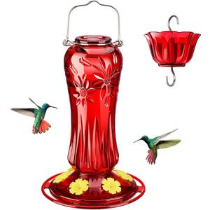 Kingsyard Glass Hummingbird Feeders for Outdoors Hanging, Hummingbird Nectar Feeder with Ant Moat & 6 Bee Guard Feeding Ports, 25 Ounces Leak Proof (Red)