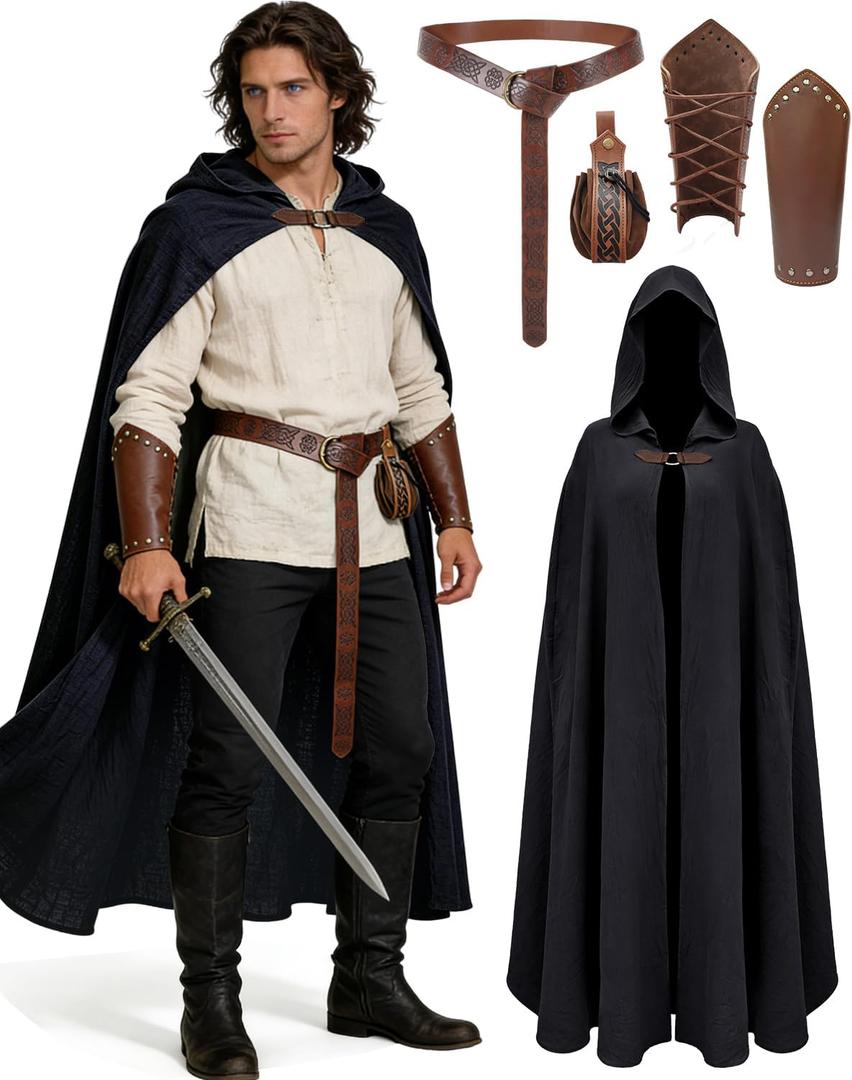kasahara Renaissance Hooded Cloak Medieval Costume Accessories for Men Women Halloween Costume Cape Belt Pouch Bracers
