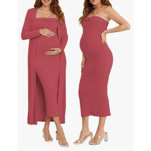 Ecavus Maternity Tube Dress Long Cardigan 2 Piece for Baby Shower and Wedding Guest Ribbed Maternity Photoshoot Dresses, M