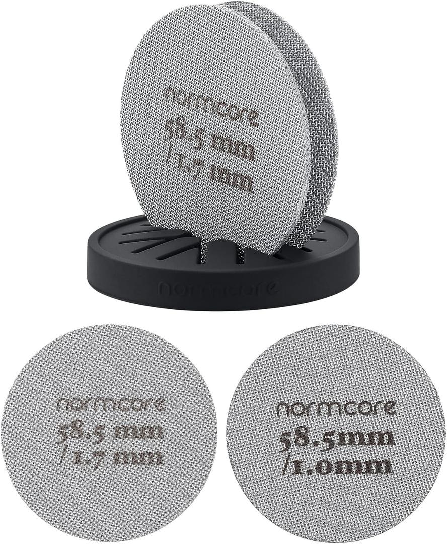 Normcore 2 Packs 58.5mm Puck Screen with Stand - Reusable Contact Shower Screen with Silicone Holder - 1.7mm / 1.0mm Thickness 150m Mesh - Compatible with Espresso Machine 58mm Portafilter Basket