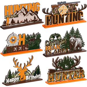 6 Pcs Hunting Birthday Party Decorations Hunting Camo Deer Table Decorations Deer Wooden Centerpieces Camo Birthday Tabletop Signs Decor for Gone Party Supplies