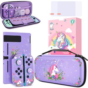 homicozy Cute Unicorn Protection Case for Nintendo Switch, Purple Hard Carrying Case with Soft TPU Protective Cover and Protection Accessories Compatible with Nintendo Switch for Girls