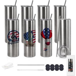 20oz Flat edge sublimation tumblers Sliver skinny insulated Sublimation tumbler Straight Cups with Individual Gift Box, Silicone Bottom Polymer Coating for Heat Transfer (8, silver)