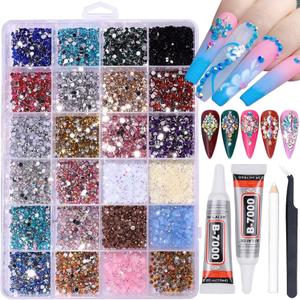 24Grids Resin Jelly Rhinestones with 2 Pcs B7000 Jewelry Glue for Crafting, Mixed-Color 3mm Flatback Rainbow Stones Colorful AB Gems Diamonds Charms for Nails Eyes Face Makeup Beuaty Crafting Tumblers