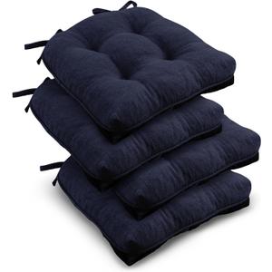 downluxe Indoor Chair Cushions for Dining Chairs, Tufted Overstuffed Textured Kitchen Chair Pads with Ties and Non-Slip Backing, 16.5" x 16.5" x 4", Navy, 4 Pack
