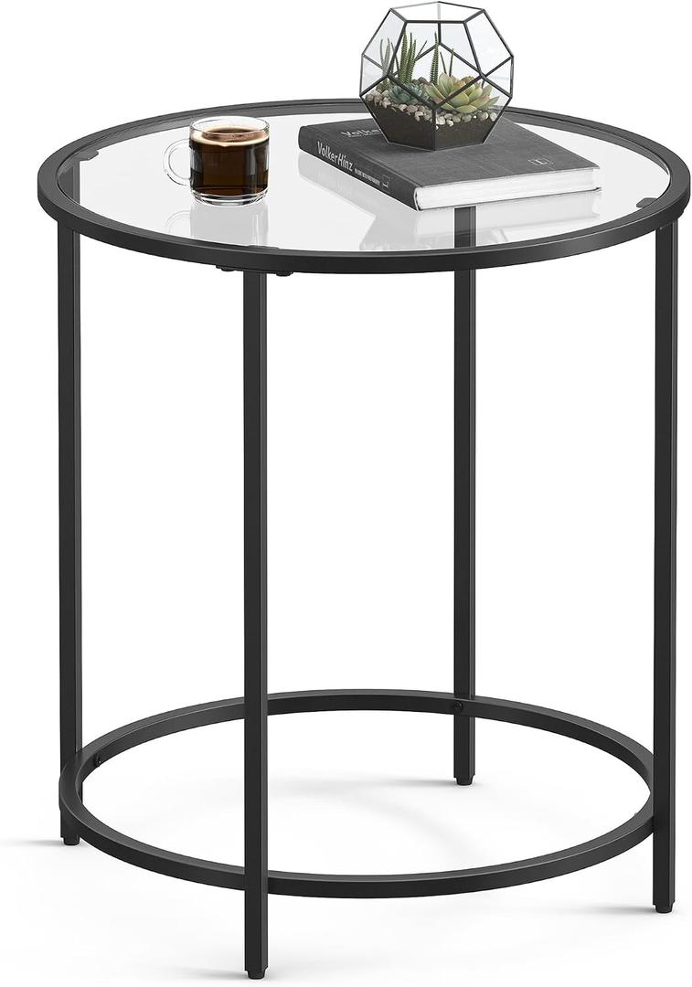 VASAGLE Round Side Table, Glass End Table with Metal Frame, Black Coffee Table with Modern Style, for Living Room, Balcony, Bedroom, Black, 19.7 x 19.7 x 21.6 Inches