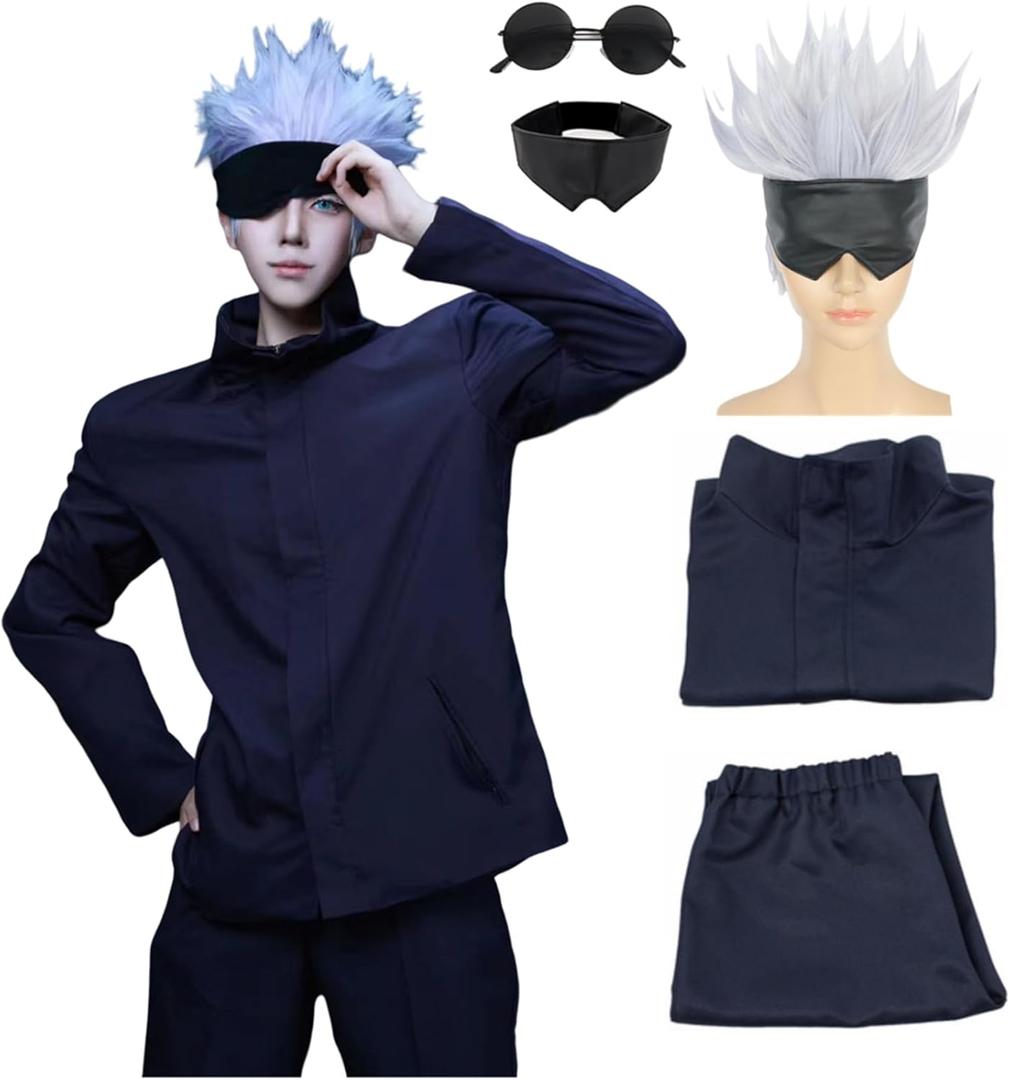 Moalioi Satoru Cosplay Anime Cosplay Costume Outfit Uniform with Eye Mask Glasses Wig Full Set for Men (Medium)