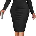 PaladMom Women's Elegant Long Sleeve Dresses for Work Casual Pencil Dress Sexy Business Dress Formal Cocktail Dress (Pink, L)