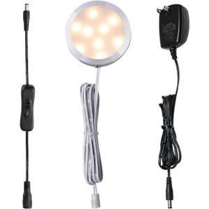 AIBOO 12V LED Under Cabinet Puck Lights Plug in, with Manual Switch, Single Puck LED Light for Closet,Counter,Showcase,12Vdc Low Voltage Wall Plug (Warm White)