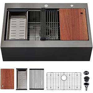 UFaucet 33"x22" Black Drop In Farmhouse Sink, 33" Gunmetal Black Top Mount Farmhouse Kitchen Single Bowl Topmount Apron Front Farm Workstation Stainless Steel Sink