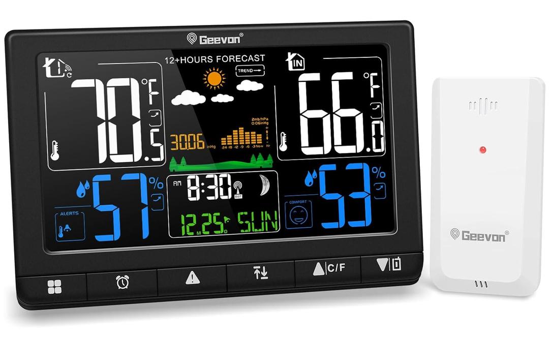 Geevon Weather Stations Wireless Indoor Outdoor with Atomic Clock, Color VA Display Digital Temperature Humidity Monitor with Barometer, Comfort Indicator, and Adjustable Backlight
