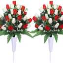 Lodou Artificial Cemetery Flowers,Outdoor Grave Decorations Roses,Arrangements Bouquet with Cemetery Vase, Silk Flowers for Long-Lasting Remembrance (Red White)