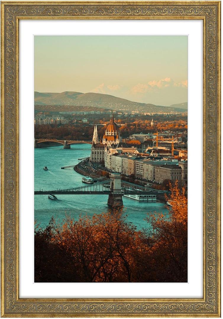 Golden State Art, 13x19 Ornate Finish Photo Frame with White Mat for 11x17 Picture & Real Glass. Color: Distressed Gold