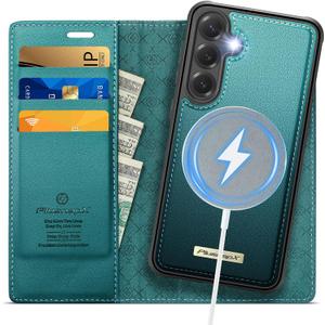 Wallet Case for Samsung Galaxy S25 Compatible with Magsafe, 2-in-1 PU Leather Flip RFID Blocking Card Holder Stand Shockproof Magnetic Detachable Cover for Galaxy S25 Case 6.2", Bluegreen