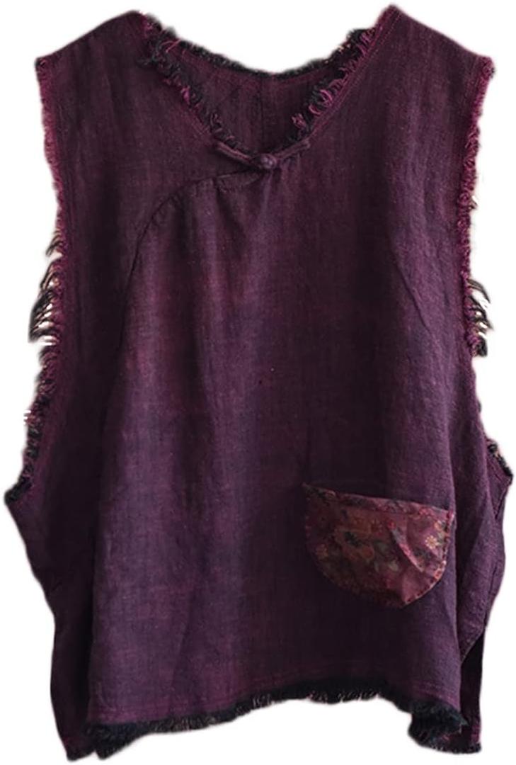 NFYM Women Hippie Clothes Distressed Hem Sleeveless Tank Crop Pullover Tops Vintage Vest (One Size, Purple Red)