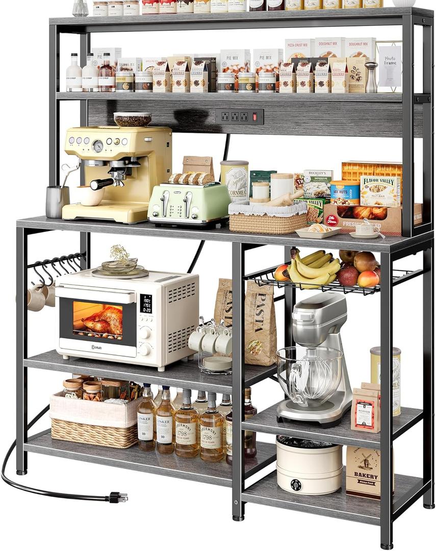 SUPERJARE Bakers Rack with Power Outlet, 47.2 Inches Coffee Bar with 3 Level-Adjustable Open Shelves, Wire Basket, Kitchen Microwave Stand with 6 S-Shaped Hooks, Grey (Charcoal Gray)