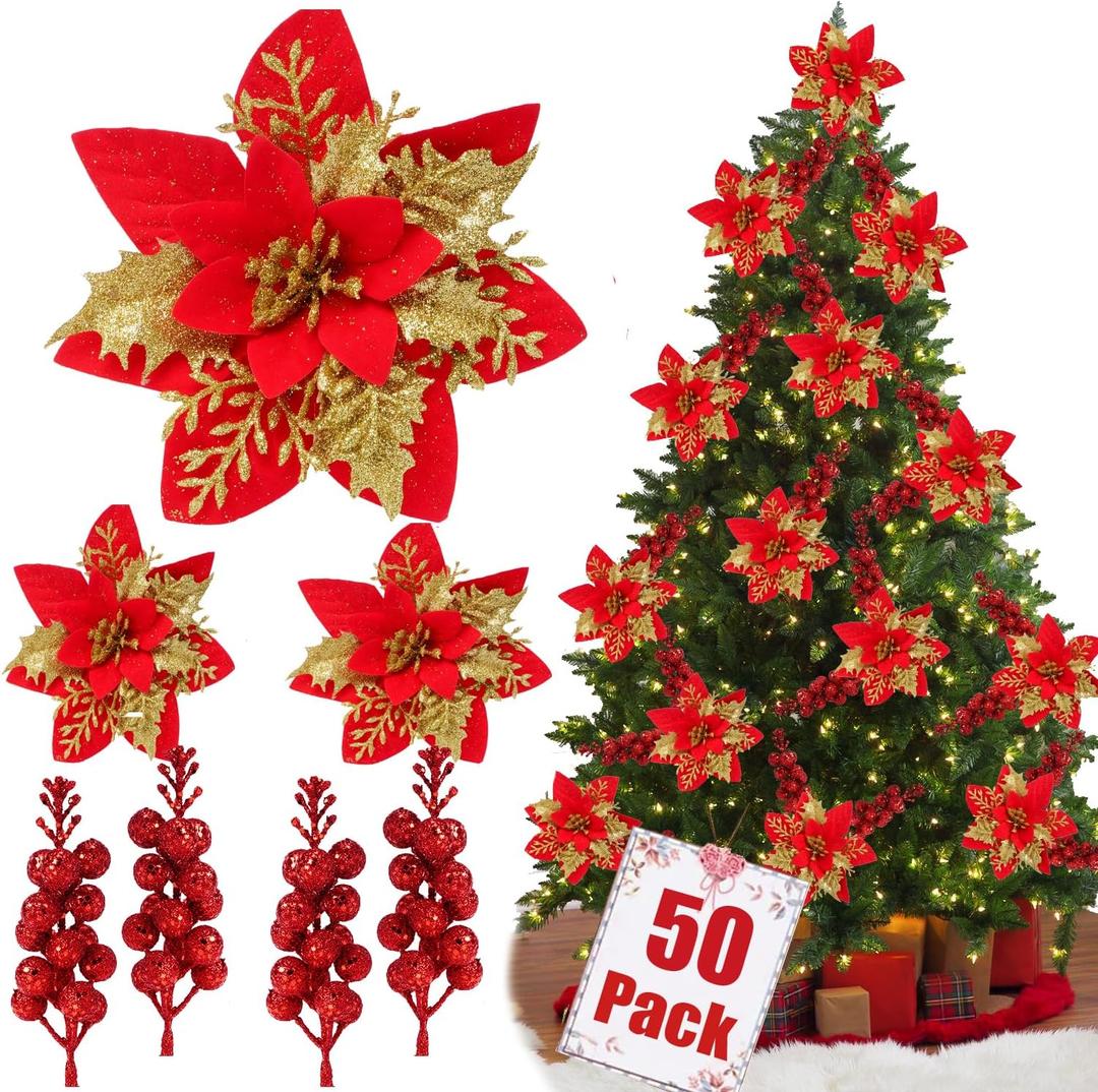 50pcs Glitter Poinsettia Christmas Ornaments, Artificial Flowers with Clips Stems for DIY Wreath Making, Holiday Home Party Decorations, Indoor Use (Red)