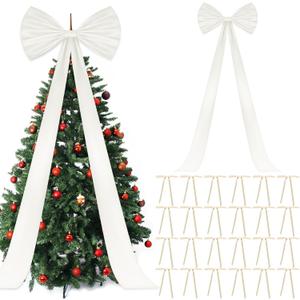 Daifunli 71 x 20 Inch Giant White Bow Christmas Tree Topper with 24 Pcs Velvet Christmas Bow Extra Large Xmas Tree Topper Decor for Holiday and Home Wreath Wall Backdrop Decor (Ivory)
