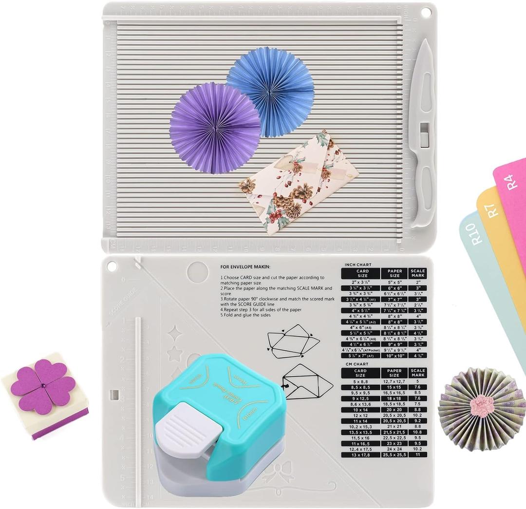 2Pcs Score Board Multi-Purpose Scoring Board Envelope Maker with Bone Folder and 3 in 1 Corner Rounder Paper Punchfor Card Making and DIY Projects Multi- Purpose Scoring Board & Score and Fold Tools (Whiteblue)