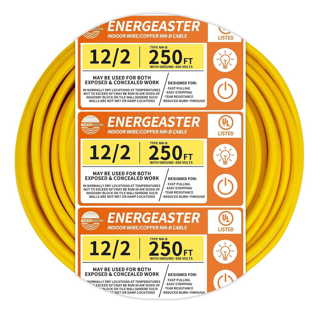 Energeaster Solid Indoor 12/2 W/G NMB Cable 250ft, Electrical Wire, Yellow
